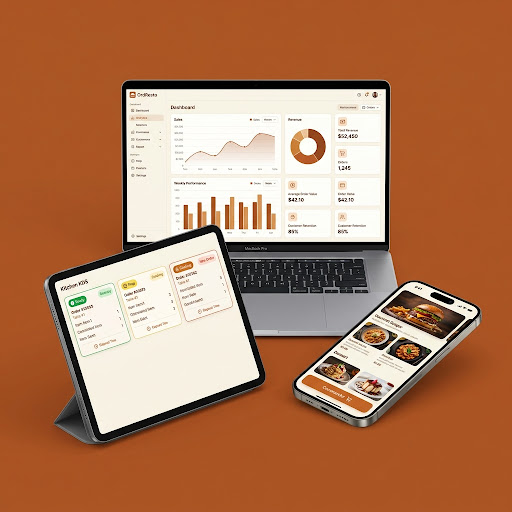OrdResto en action : dashboard analytics, app tablette cuisine et storefront mobile